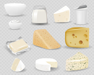 Dairy products isolated on realistic style vector illustration. Different natural milk drinks and food, 3d packaging with blank label, yogurt, butter and cheese