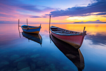 Small boats at sunset.