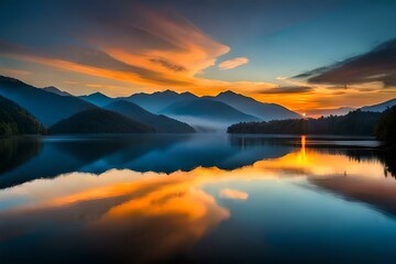 Fototapeta premium sunset over lake by AI generating