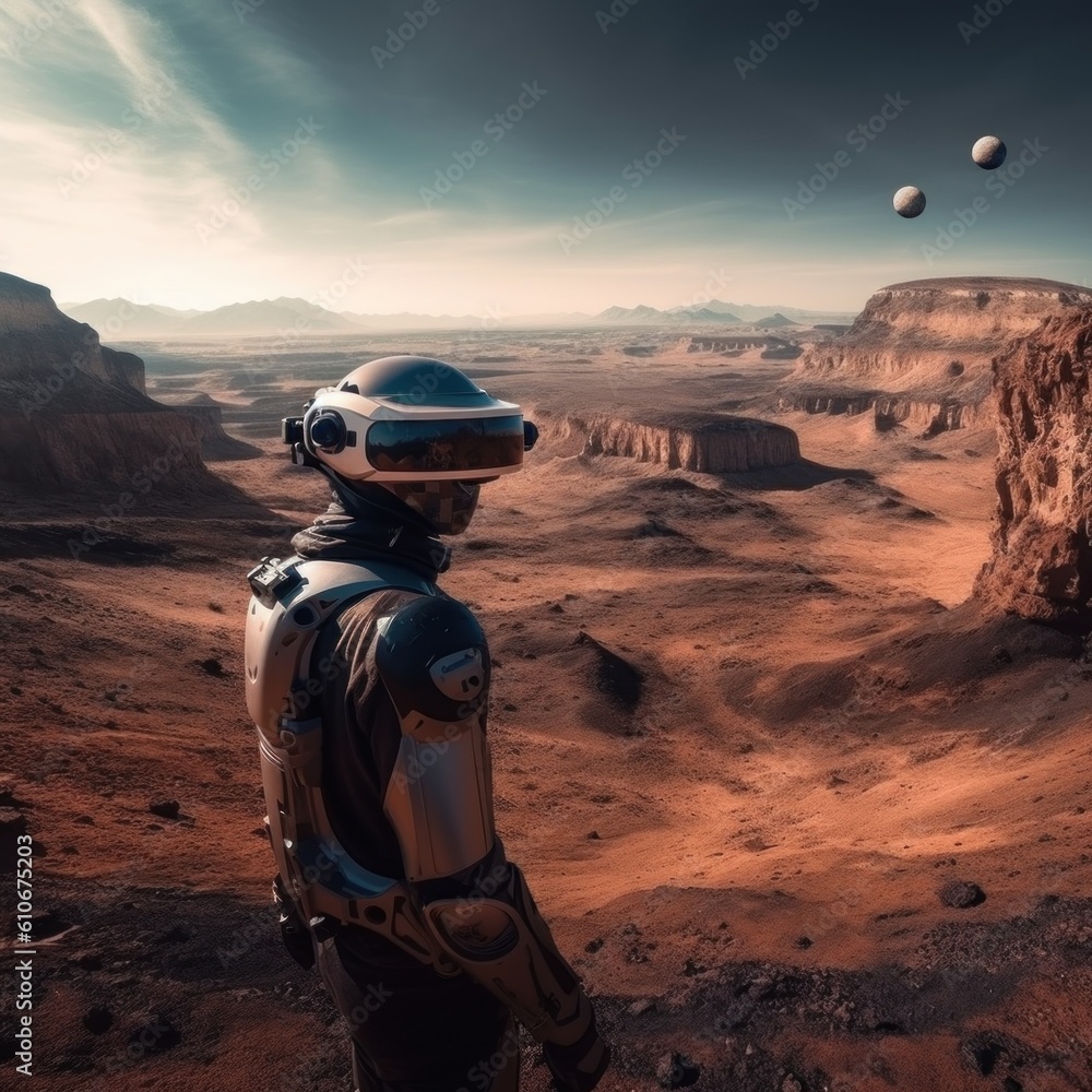 Poster a man standing in the desert with a helmet on. generative ai image.