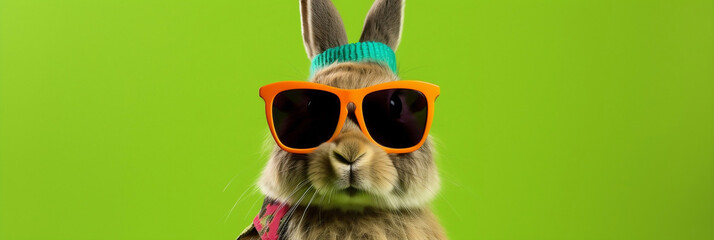 cool bunny with sunglasses isolated on colorful background, banner, generative AI