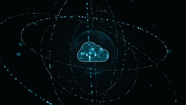 Motion graphic of Blue digital cloud computing logo with particle ring circle rotation and earth sphere with ai technology icon on futuristic abstract background storage big data backup concepts