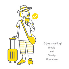 一人旅に出る若い女性　スマホ　シンプルでお洒落な線画イラスト
