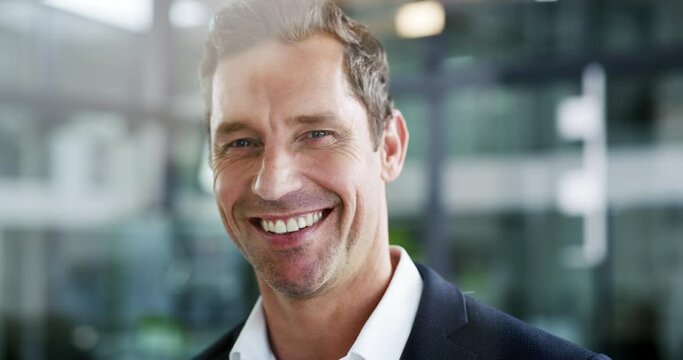 Office window, laughing and face of happy man, business agent or professional manager with career happiness. Portrait, funny and confident realtor, property developer or male architect laugh at work