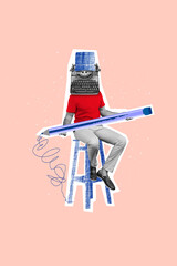 Image sketch poster collage picture of weird unknown guy sit chair hold big pen writing novel...
