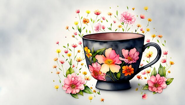 A cute watercolor tea cup with flowers, Ai generated.