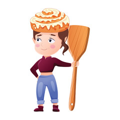 Cinnamon roll girl character isolated on white background. Vector illustration of a female character with a cinnamon bun on her head and with a spatula in her hands