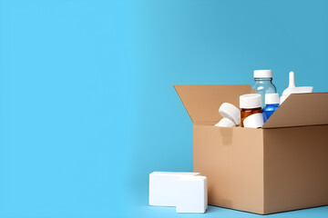  Home delivery of medicines from pharmacies. Cardboard boxes with medicines, pills, bottles, sprays. Blue background with copy space for text 
