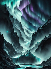 Obraz premium Generative Ai, AI Generated art, Beautiful views of snowy mountain auroras, mountain of aurora, beautiful aurora, arctic aurora, aurora borealis, snow mountain with aurora view, beautiful aurora view