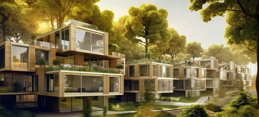 a village made of apartments with trees surrounding them Generative AI