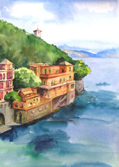 Portofino castle and seascape painted in watercolor   