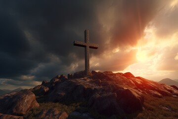 Cross on the top of the mountain with dramatic sky.Generative Ai