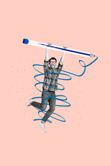 Vertical photo collage young man holding huge pencil hanging of talented author artist drawing...