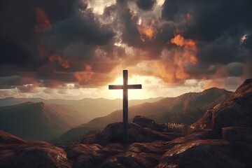Cross on the top of the mountain with dramatic sky.Generative Ai
