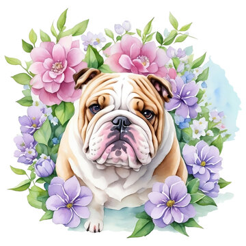 Watercolor illustration of a dog an English Bulldog with flowers