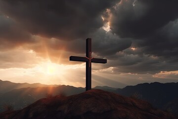 Cross on the top of the mountain with dramatic sky.Generative Ai