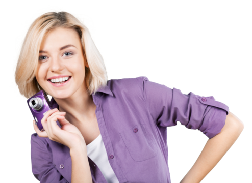 Smiling Woman Holding a Digital Camera
