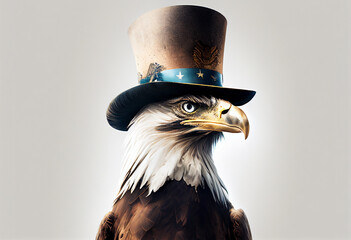 An eagle in an cylinder hat in the colors of the American flag on a white background. AI Generated