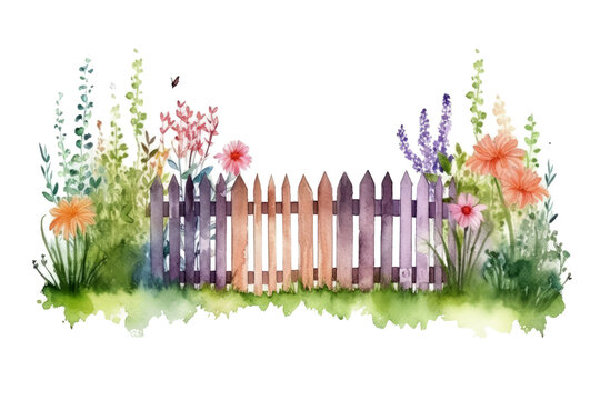 Watercolor of set of minimal  garden fence isolated on clear png background, brown wooden fences with bushes, flowers and plant, elements natural botanical leaves, with Generative Ai.