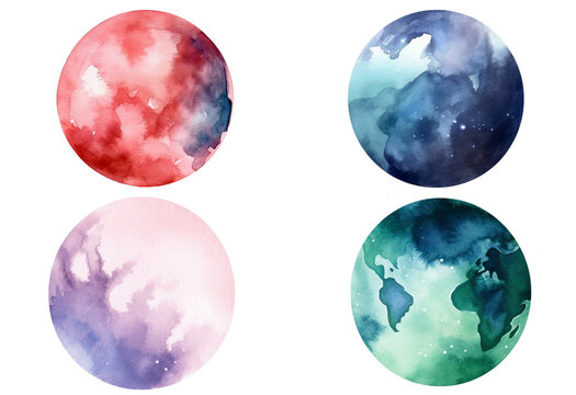 Watercolor elements set of circle or star planet theme isolated on clear png background, perfect elements paint splash for greeting card or mock up, with Generative Ai.
