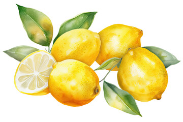 Watercolor of Yellow lemons and slices clipart isolated on clear png background, popular fruits citrus, painting design concepts, with Generative Ai.