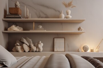 Fototapeta na wymiar Earth Tone and Relaxed Organic Interior Designed and Styled Floating Shelves in Primary Bedroom Interior with Unique Objects Made with Generative AI Made with Generative AI
