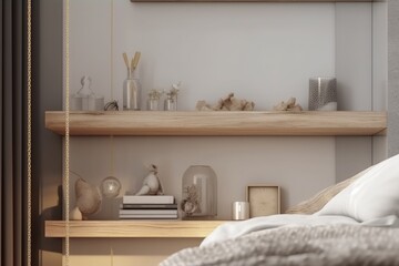 Fototapeta na wymiar Beautiful neutral organic Japandi minimal modern styled floating shelves with art and home decor mockup made with Generative Ai 