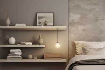Modern contemporary professionally styled floating wall shelves with art and plants neutral cozy color palette made with Generative Ai