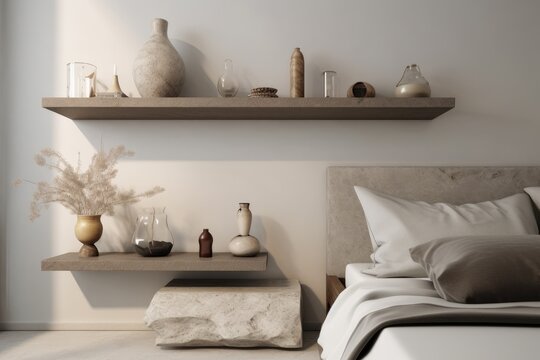 Beautiful Neutral Organic Japandi Minimal Modern Styled Floating Shelves With Art And Home Decor Mockup Made With Generative Ai 