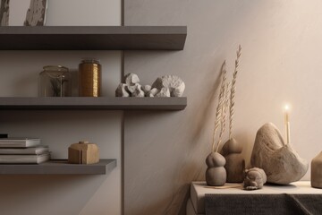 Earthy Warm Organic Interior Designed and Styled Floating Shelves in Primary Bedroom Interior with Unique Objects