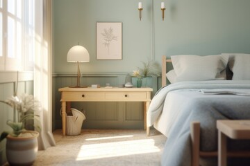 Calm Peaceful Primary Bedroom Styled Interior with Seafoam Green Walls and Pastel Yellow Console Table Made with Generative AI