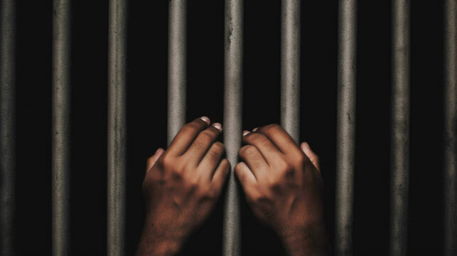 Closeup of a Jailed Man's Hands Holding Iron Prison Bars in Regret. With Licensed Generative AI Technology Assistance.