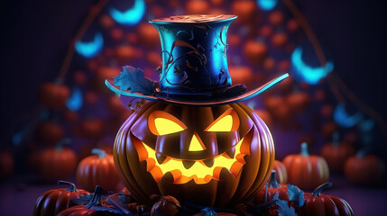 Mad psychedelic Halloween pumpkin in cylinder black top hat, grinning on colorful background. AI generative