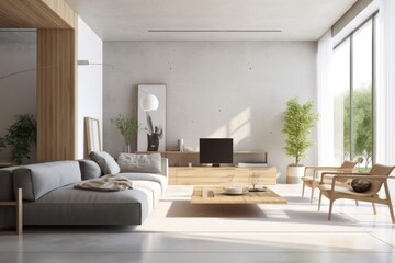 Obraz na płótnie Canvas Luxurious Modern Living Room Home Interior With Concrete Accent Walls And Sustainable Wood With Stylish Home Decor And Professional Staging Made With Generative AI