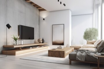 Fototapeta na wymiar Luxurious Modern Living Room Home Interior With Concrete Accent Walls And Sustainable Wood With Stylish Home Decor And Professional Staging Made With Generative AI