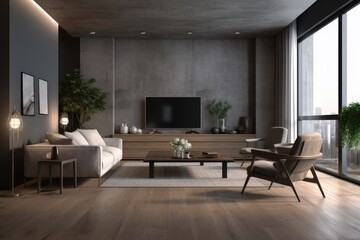 Cool luxury spacious modern loft penthouse studio space living room interior with concrete walls low sofa organic wood furniture and minimal styling made with Generative Ai