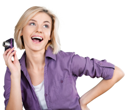 Smiling Woman Holding a Digital Camera