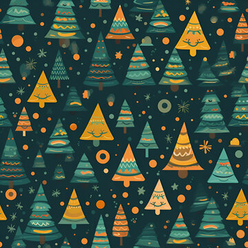 A seamless pattern with the image of yellow and green cartoon Christmas trees on a contrasting background. Generated AI