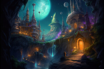 Fototapeta na wymiar fantasy scary cartoon city at night.Generative Ai