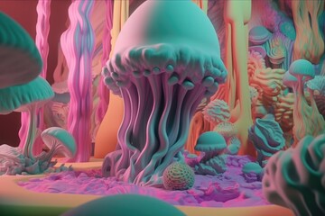 Colorful Surreal Psychedelic Art Installation with Fun Pastel Neon Colors and Mushroom Structures Made with Generative AI