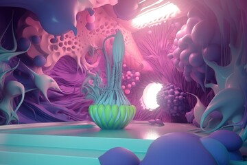 Surreal Psychedelic Art Installation with Fun Pastel Neon Colors with Jellyfish Design and Alien FeaturesMade with Generative AI