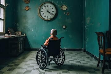 sick child sitting on wheelchair at ward looking at clock, world cancer day (February 4). Generative Ai - obrazy, fototapety, plakaty