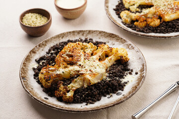 A white plate with brown rim with black beluga lentils and roasted cauliflower with paprika and black pepper seasoning, tahini dressing, on linen table cloth, a delicious high protein vegan meal