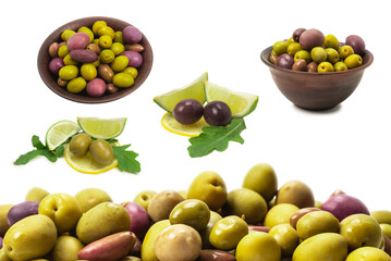Olives in ceramic brown bowl isolated on white