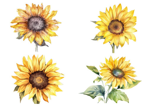 Watercolor of minimal yellow Sunflowers blooming isolated on clear png background, elements natural botanical, leaves, flowers and herbs, set of tree plant collection, with Generative Ai.