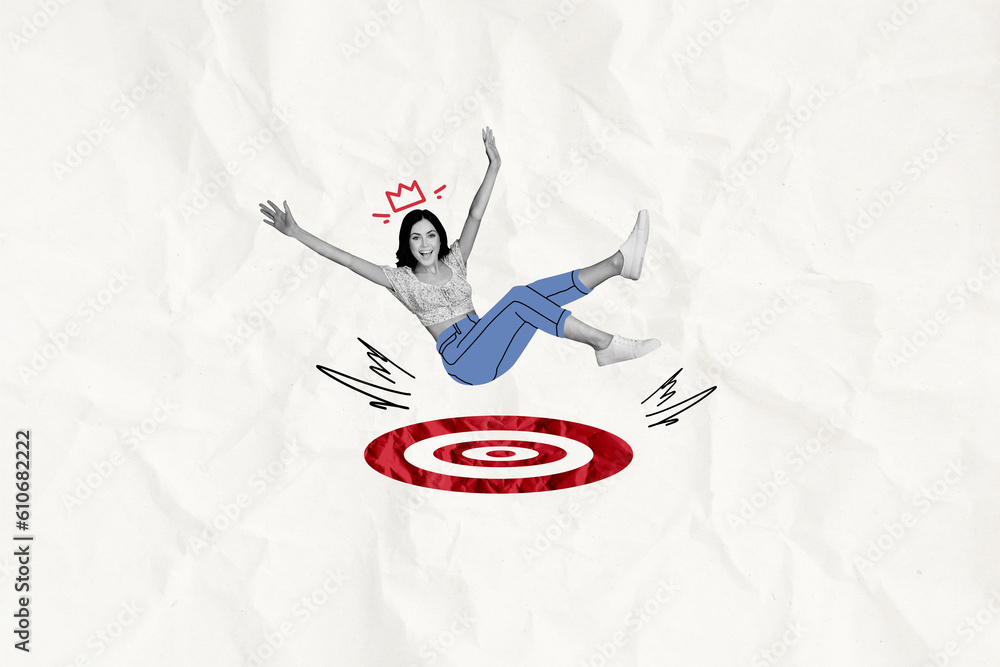 Poster 3d retro artwork template collage of impressed funny lady falling target isolated white color backgr