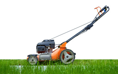 Lown mower, grass cutter. Walk-behind and push lawn mower isolated on white background....