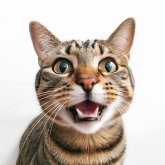 Obraz premium funny cat portrait looking shocked or surprised on white background, AI generative