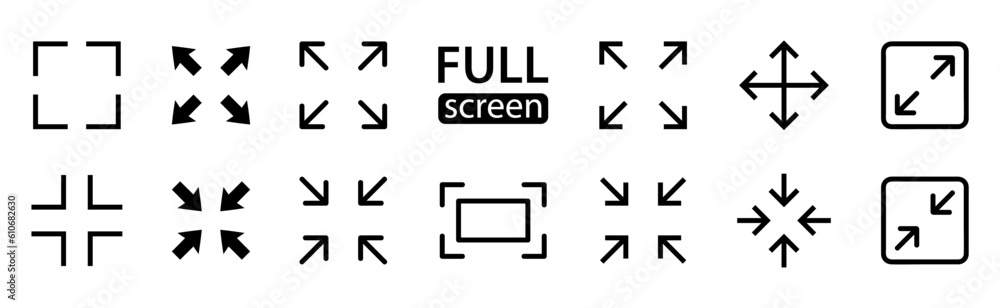 Wall mural full screen vector black icons. set of full screen and exit full screen icon. arrow mark icons. scal