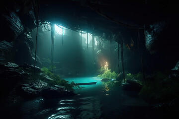 Obraz premium cave in the dark and light is ahead. Generative Ai 